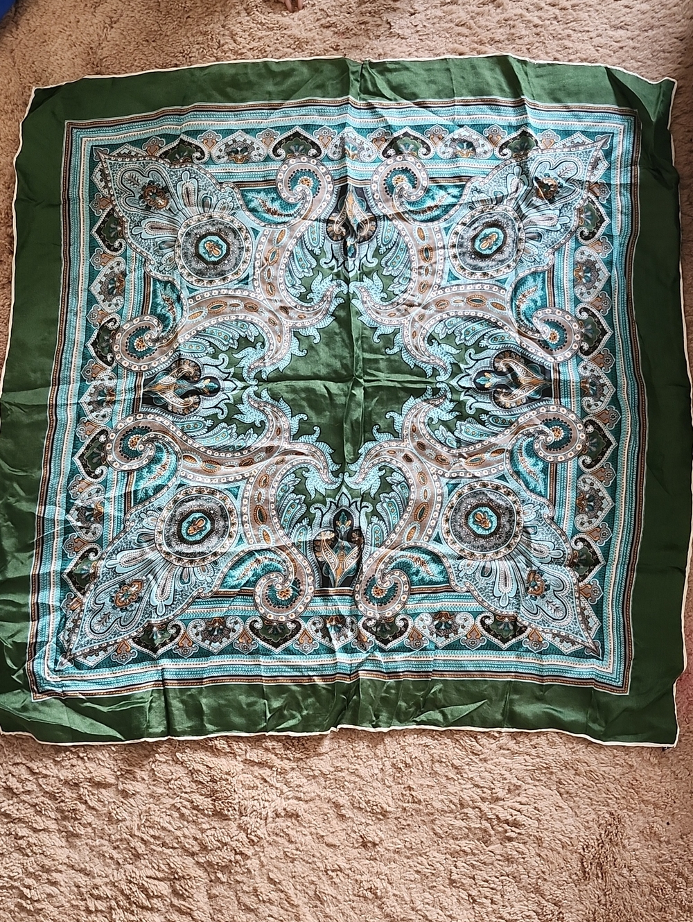 Silk Blend Head Scarf With Green Paisley Design Decorative Bag Scarf